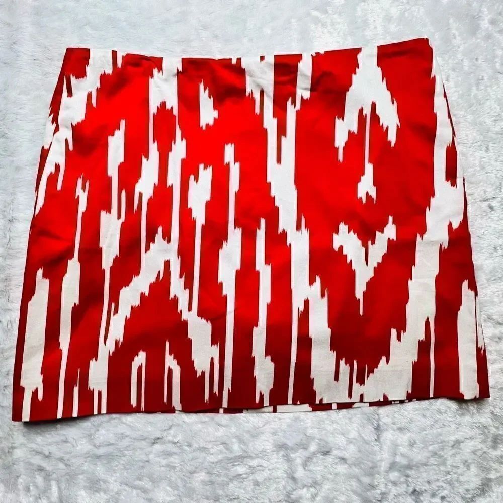 J Crew Womens Red and Orange Ikat Print Back Zip Stetch Mini Skirt Size 8